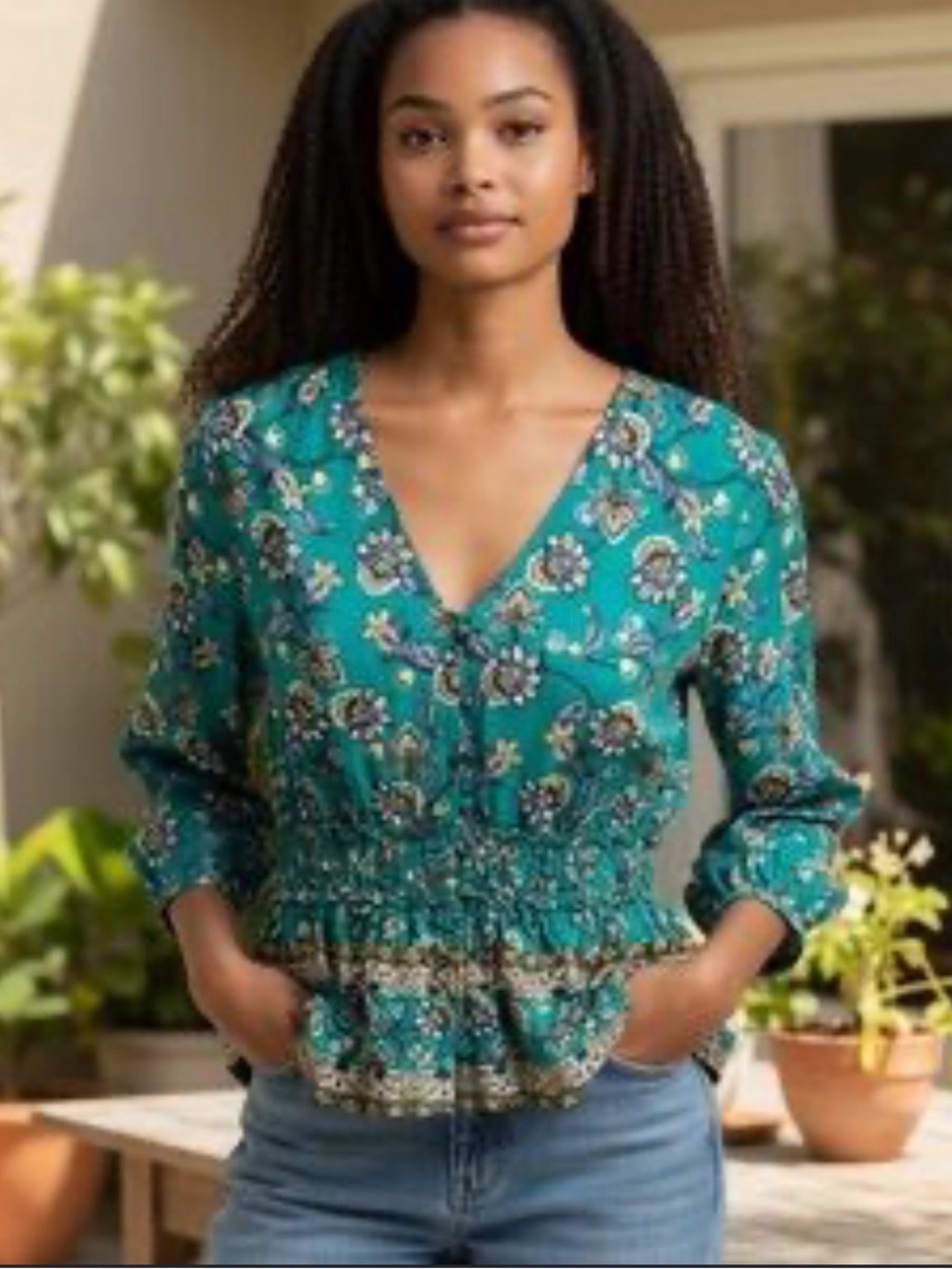 miami Teal Floral V-Neck Smocked Waist Blouse
